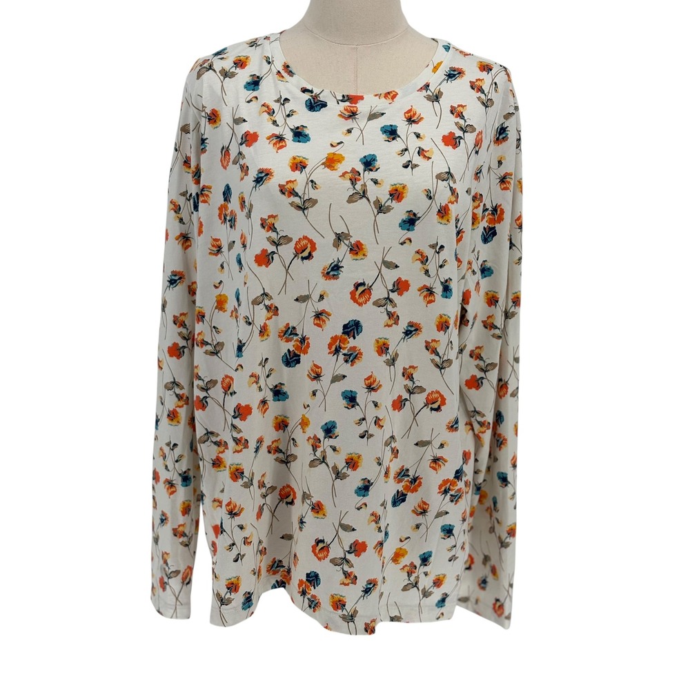 Lands' End Floral Long Sleeve Tee White Orange Blue 100% Cotton Large